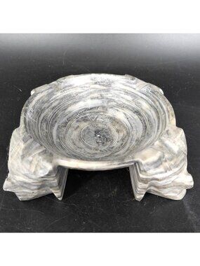 Unmarked Gray Marble Ashtray Carved Faces Round Bowl Traditional Stone Decor